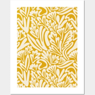 Abstract boho leaf and flower pattern in mustard yellow Posters and Art